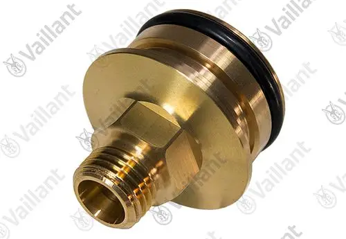 Messinganschluss mit einer Gewindeverbindung, geeignet für Vaillant Heizsysteme. Enthält eine Dichtung aus Gummi zur sicheren Abdichtung.